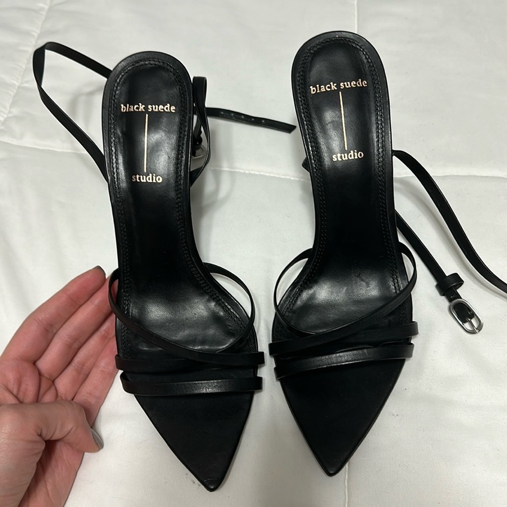 black suede studio heels